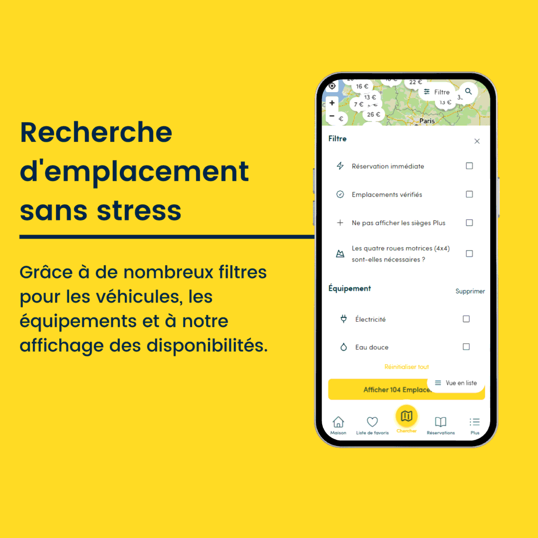 Application VanSite affichant les filtres de recherche d'emplacement par véhicule et équipement sur une carte de France