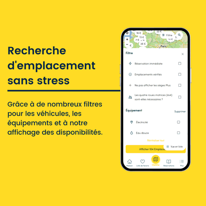 Application VanSite affichant les filtres de recherche d'emplacement par véhicule et équipement sur une carte de France