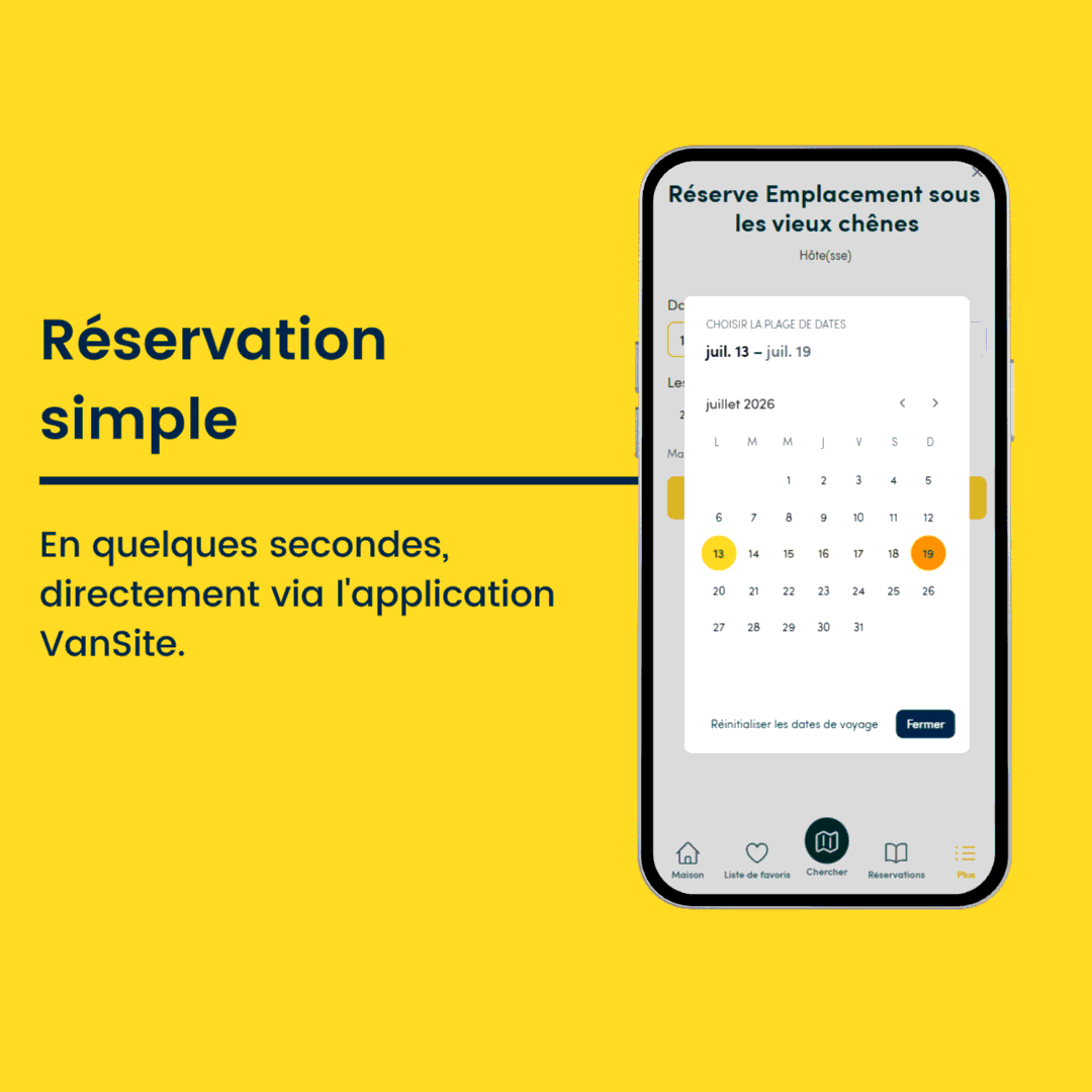 Application VanSite montrant le calendrier de réservation d'un emplacement en quelques secondes pour juillet 2026