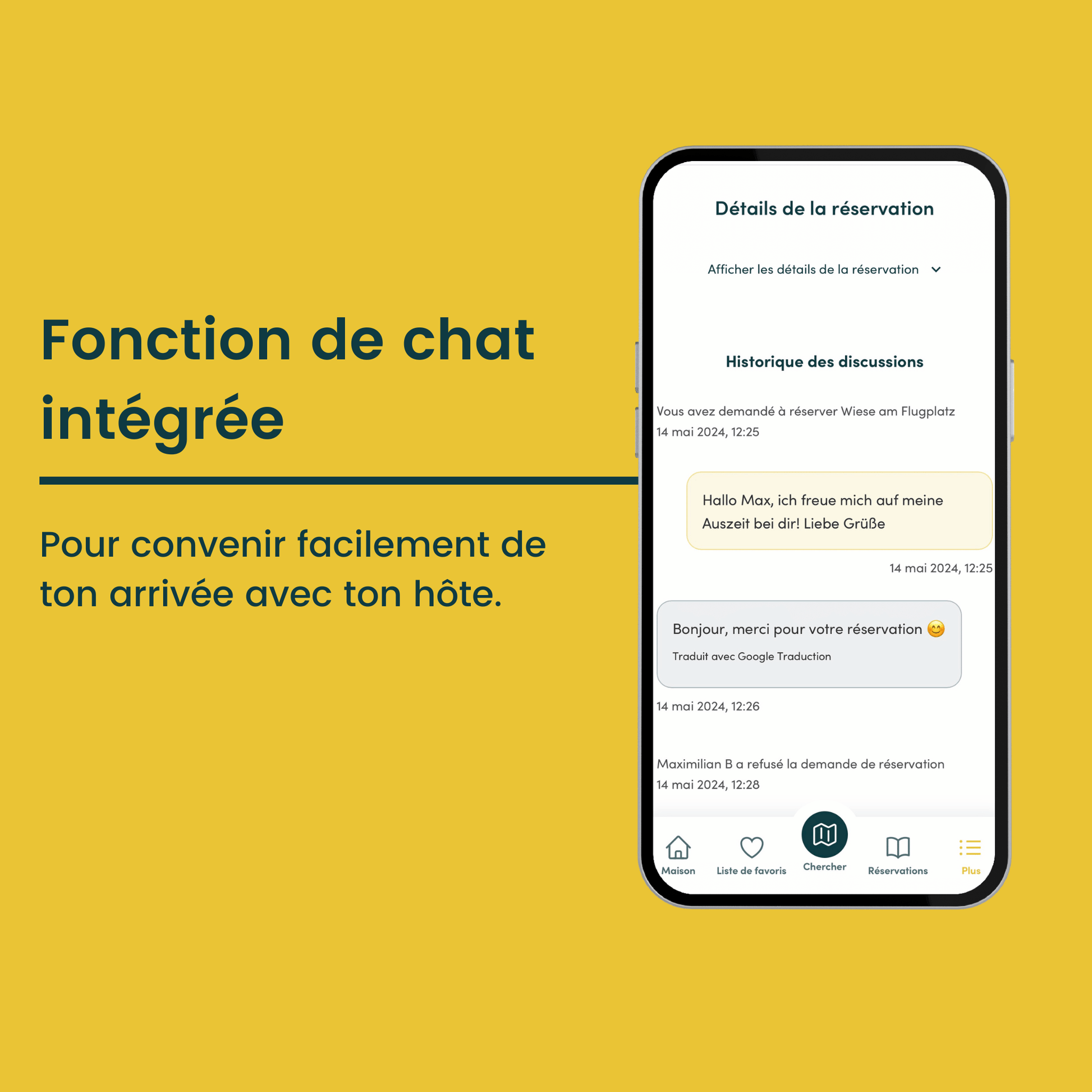 Application VanSite avec la fonction de chat intégrée pour convenir de son arrivée avec l'hôte de l'emplacement