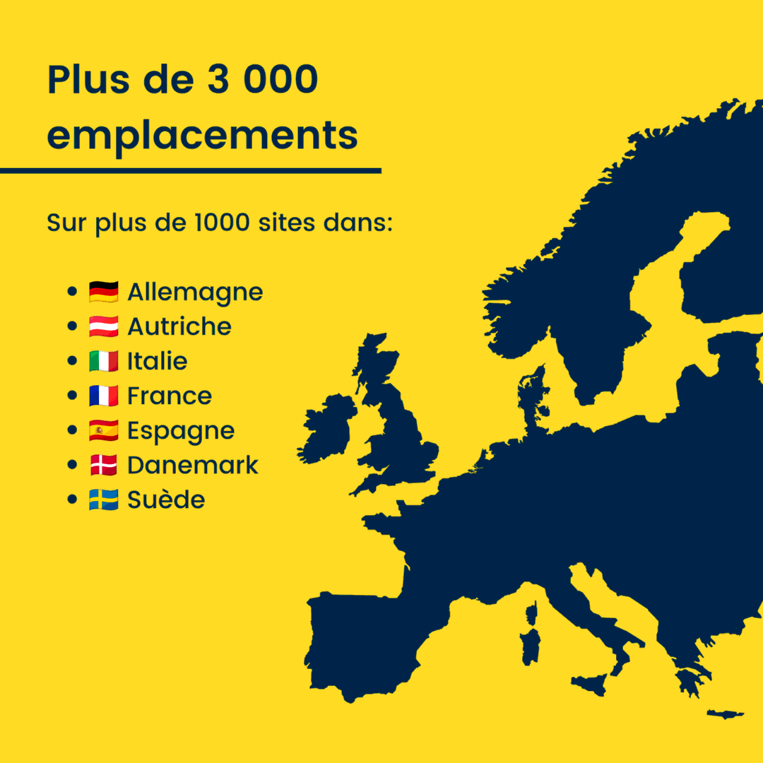 Carte d'Europe indiquant plus de 3 000 emplacements VanSite en Allemagne, Autriche, Italie, France, Espagne, Danemark et Suède