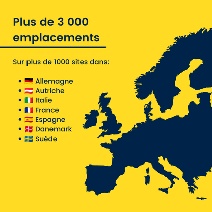 Carte d'Europe indiquant plus de 3 000 emplacements VanSite en Allemagne, Autriche, Italie, France, Espagne, Danemark et Suède
